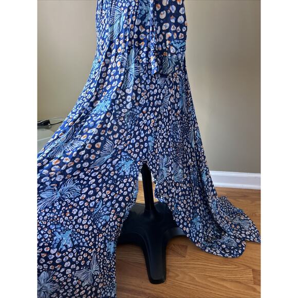 Poupette St Barth Flowy Floral Maxi Dress Blue Sz M Deep Slits LLona Long Sleeve - Picture 10 of 16